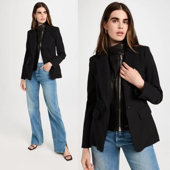NWT Veronica Beard Classic Jacket w/ Leather Moto Dickey 2-pc Set Sz 0 Black - Picture 2 of 11